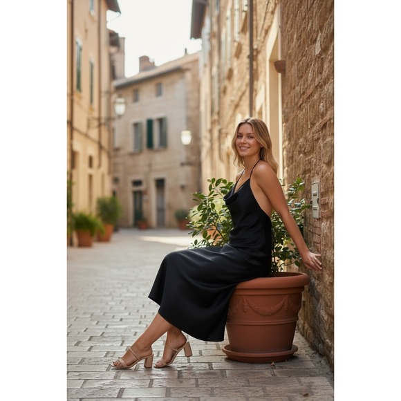 Banana Republic Black Satin Cowl Neck Halter Midi Dress Open Back XS - Picture 2 of 2